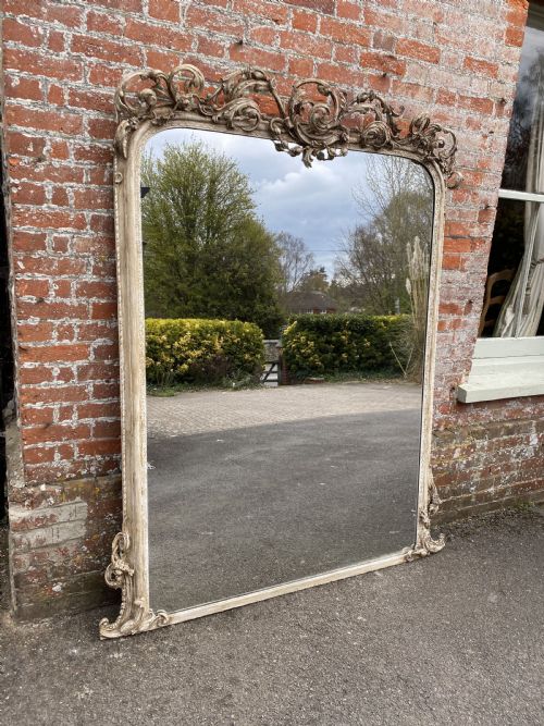 An Exceptional Large Antique English 19th Century Carved Wood & Gesso Arched Top Painted Mirror.