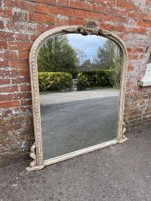 A Superb Large Early 20th Century English Carved Wood Painted Arched Top Overmantle Mirror.