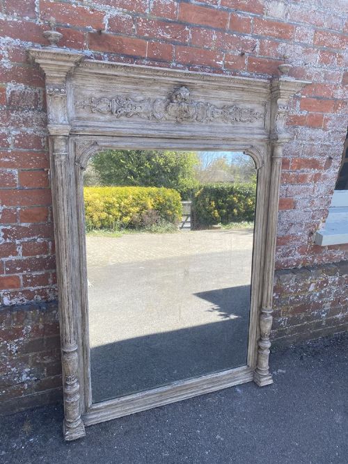 A Delightful Large Antique French 19th Century Carved Wood Painted Column Framed Mirror.