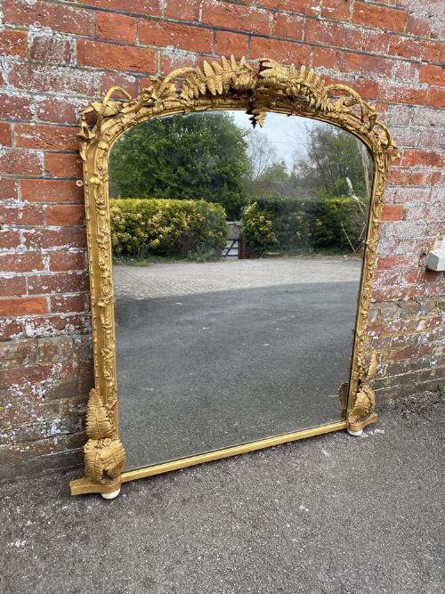 A Spectacular Large Antique English 19th Century Carved Wood & Gesso Gilt Arched Top Overmantle Mirror.