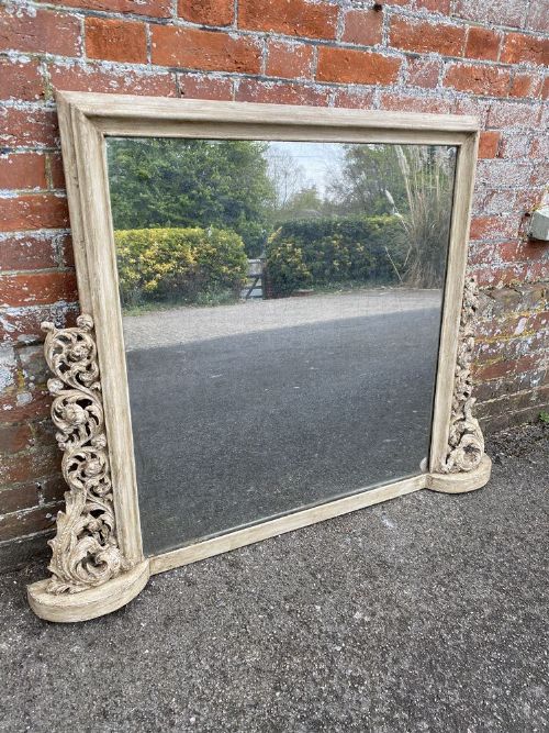 A Fabulous Highly Unusual Good Size Antique English 19th Century Carved Wood & Gesso Painted Overmantle Mirror.