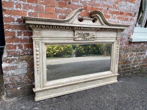 A Delightful Large Antique English 19th Century Carved Wood Painted Overmantle Mirror.