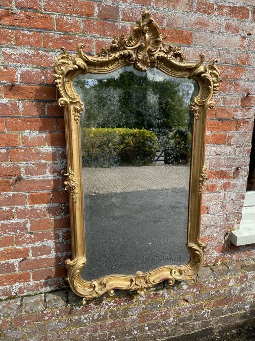 An Exceptional Large Antique French 19th Century Carved Wood & Gesso Original Gilt Shaped Top Mirror.