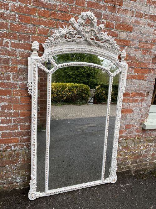 A Superb Large French Early 20th Century Carved Wood & Gesso Arched Top Painted Cushion Mirror.