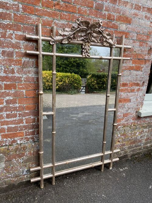 A Stunning Large Antique French 19th Century Carved Wood & Gesso Original Silvered Faux Bamboo Framed Mirror.