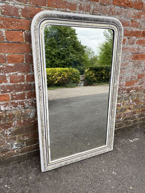 A Wonderful Good Size Antique French 19th Century Carved Wood & Gesso Arched Top Original Silvered & Painted Mirror.