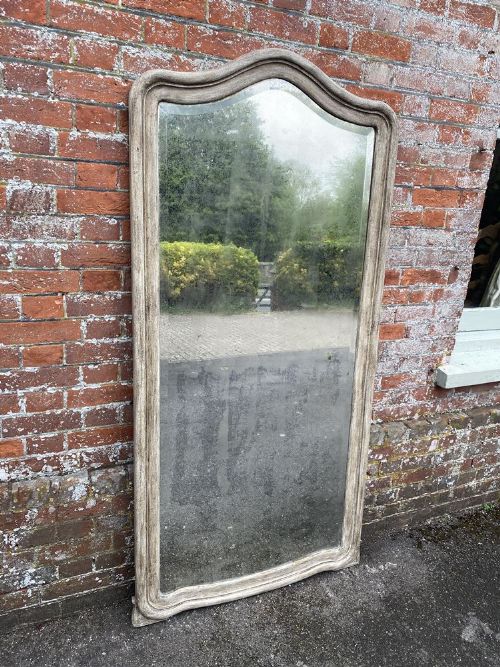 A Delightful Large Antique French 19th Century Carved Wood Painted Shaped Top Mirror.