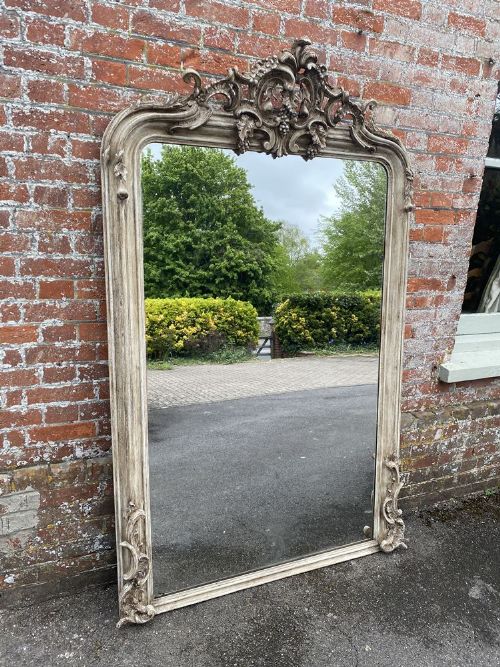 A Spectacular Large Antique French 19th Century Carved Wood & Gesso Arched Top Painted Mirror.