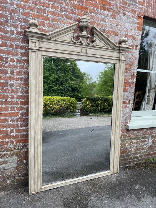 A Superb Large Antique French 19th Century Carved Wood Painted Shaped Top Mirror
