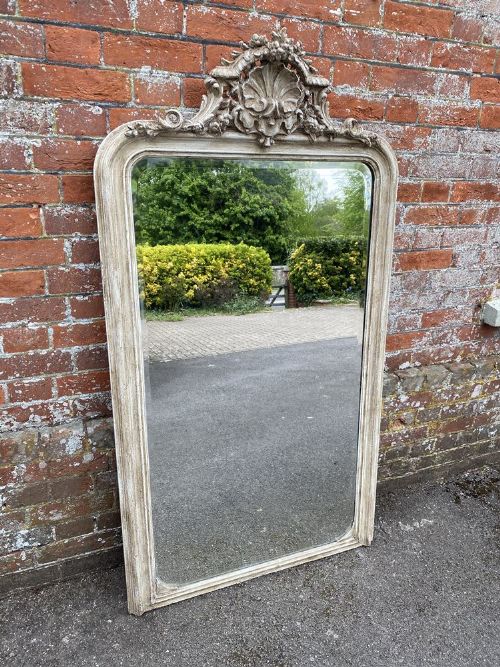 A Wonderful Large Antique French 19th Century Carved Wood & Gesso Arched Top Painted Mirror.