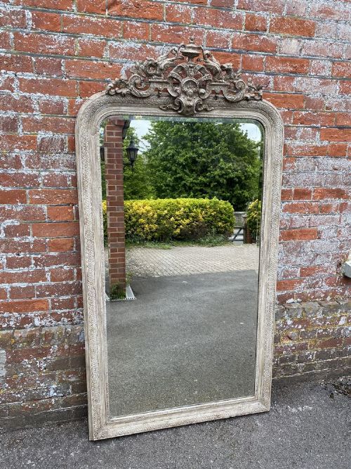 A Stunning Large Antique French 19th Century Carved Wood & Gesso Arched Top Painted Mirror.
