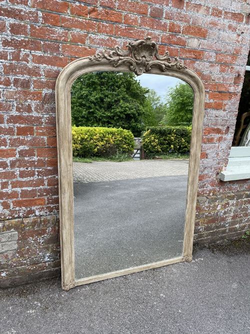 A Delightful Large Antique French 19th Century Carved Wood & Gesso Arched Top  Painted Mirror.