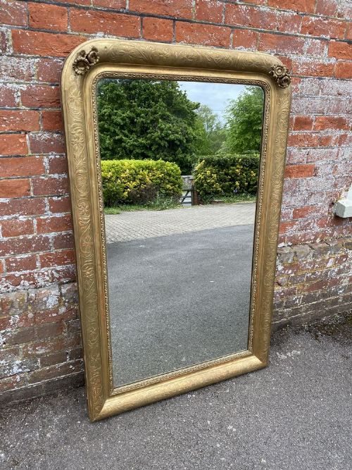 A Superb Large Antique French 19th Century Carved Wood & Gesso Original Gilt Arched Top Mirror.