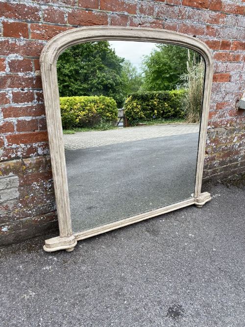 A Wonderful Good Size Antique English 19th Century Carved Wood & Gesso Arched Top Painted Overmantle Mirror.