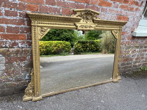 An Exceptional Highly Useful Size Antique English 19th Century Carved Wood & Gesso Original Gilt Overmantle Mirror.