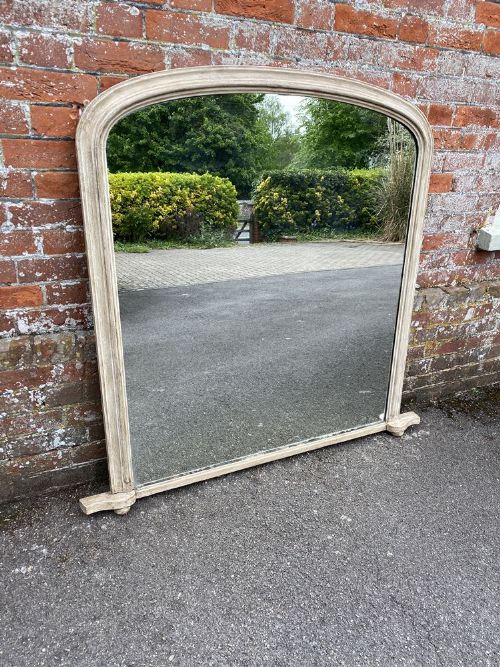A Fabulous Good Size Antique English 19th Century Carved Wood & Gesso Arched Top Painted Overmantle Mirror.