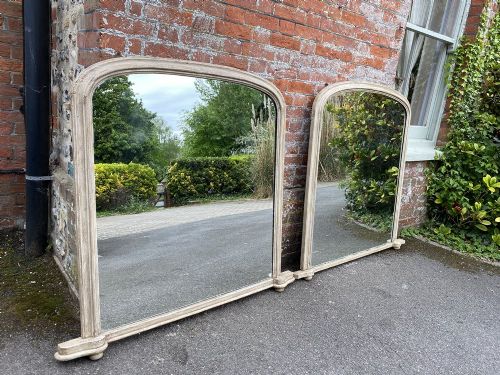 An Exceptional Near Pair of Antique English 19th Century Carved Wood & Gesso Arched Top Painted Overmantle Mirrors.