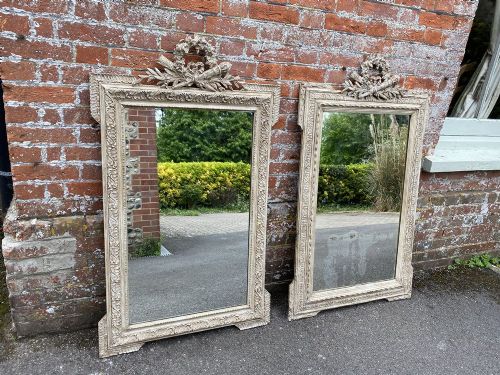 A Delightful Near Pair of Antique French 19th Century Carved Wood & Gesso Painted Mirrors.
