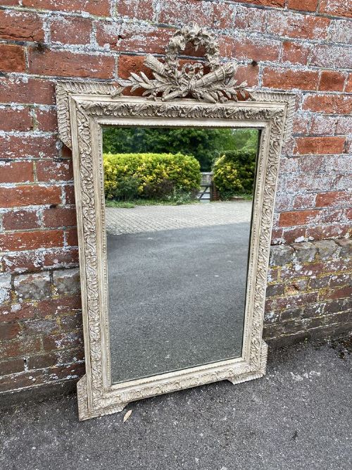 A Delightful Useful Size Antique French 19th Century Carved Wood & Gesso Painted Mirror.