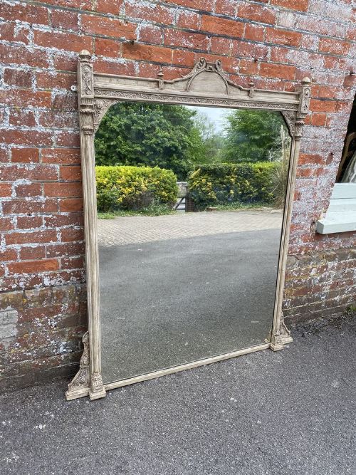 A Superb Large Antique English 19th Century Carved Wood & Gesso Painted Shaped Top Overmantle Mirror.