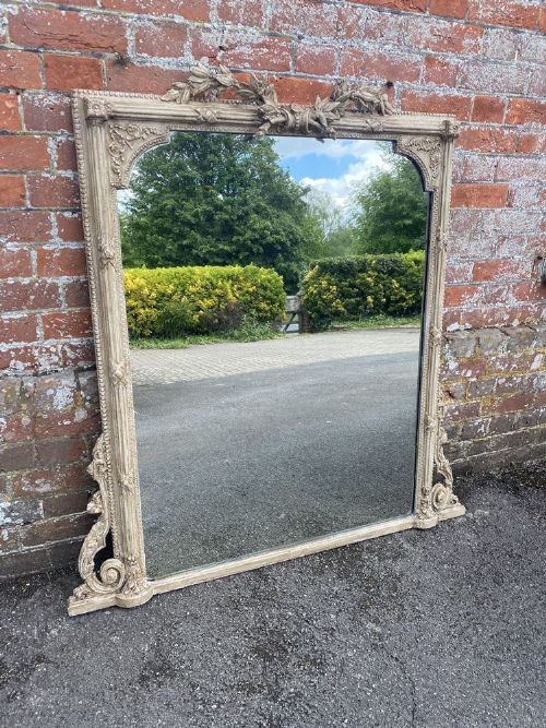 A Fabulous Good Size Antique English 19th Century Carved Wood & Gesso Painted Overmantle Mirror.