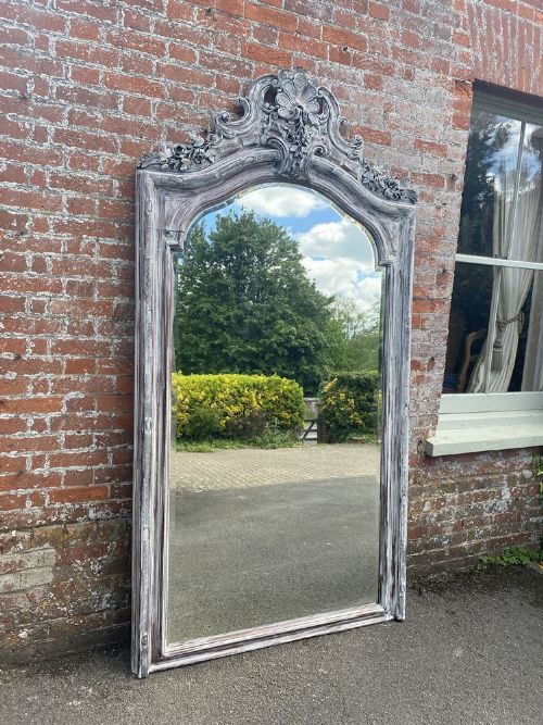 A Spectacular Large Antique French 19th Century Carved Wood Painted Shaped Top Mirror.