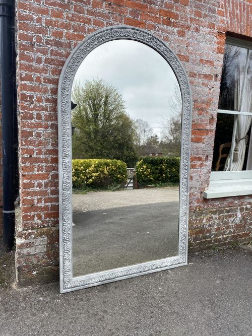 A Wonderful Large Antique French 19th Century Carved Wood & Gesso Arched Top Painted Mirror.