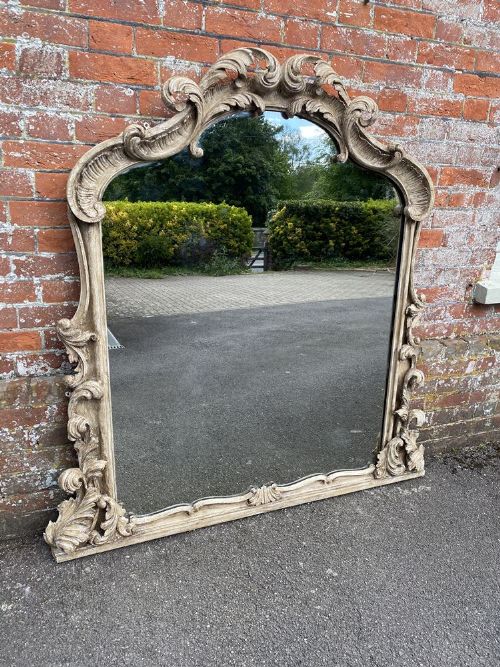 A Superb Large Antique English 19th Century Carved Wood Shaped Top Ornate Framed Overmantle Mirror.