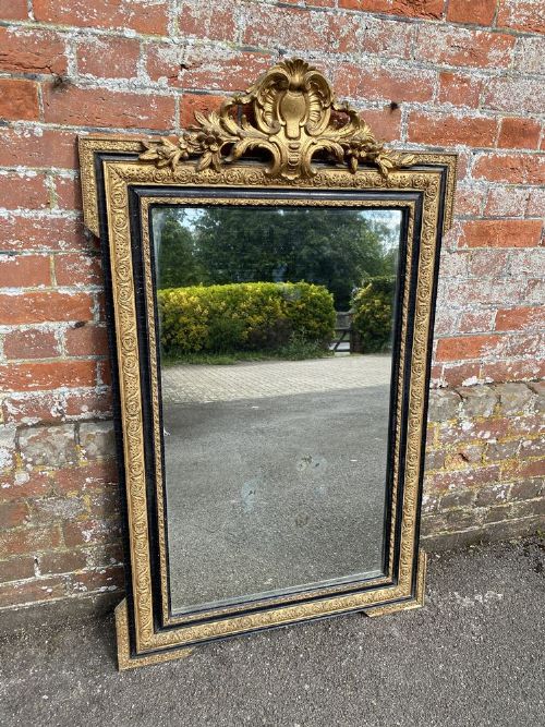 A Wonderful Useful Size Antique French 19th Century Carved Wood & Gesso Original Gilt & Black Mirror.