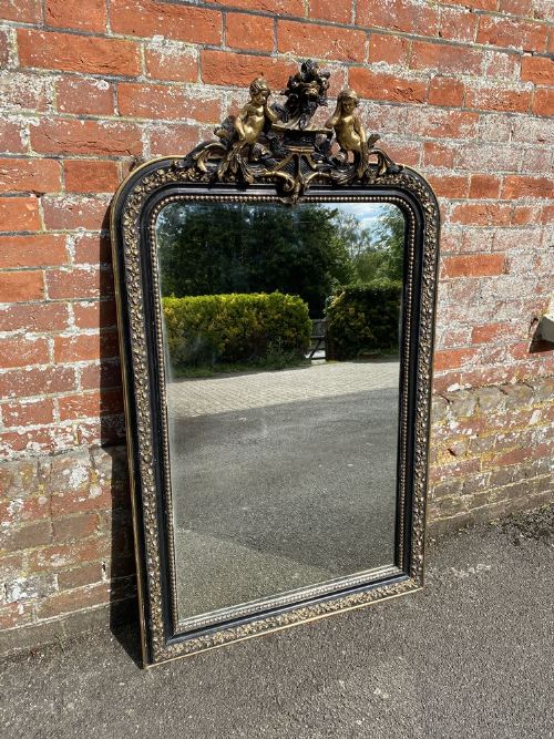 An Impressive Large Antique 19th Century Carved Wood & Gesso Arched Top Original Gilt & Black Mirror.
