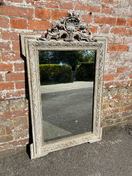A Stunning Good Size Antique French 19th Century Carved Wood & Gesso Painted Mirror.