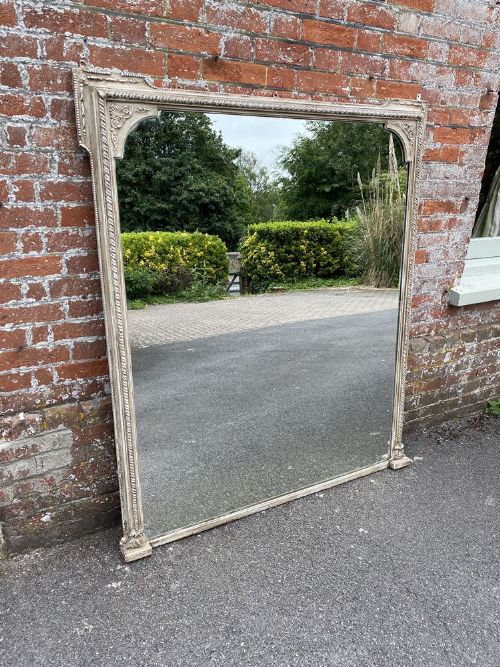 A Spectacular Large Antique English 19th Century Carved Wood & Gesso Painted Overmantle Mirror.