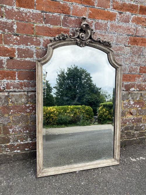 A Superb Antique French 19th Century Carved Wood & Gesso Painted Shaped Top Mirror.
