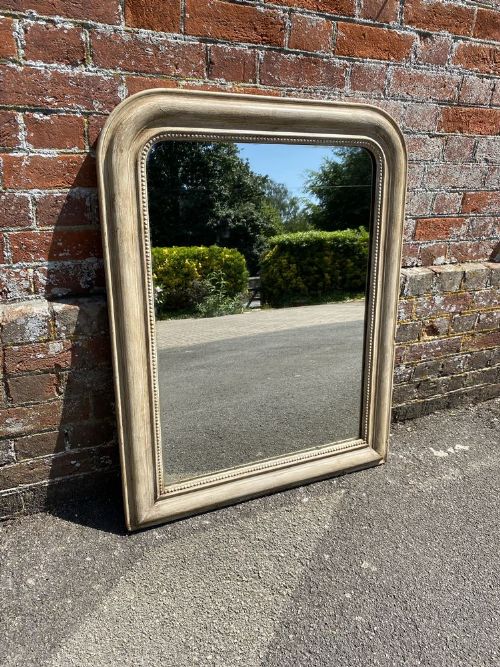A Fabulous Highly Useful Size Antique French 19th Century Carved Wood & Gesso Arched Top Painted Mirror.