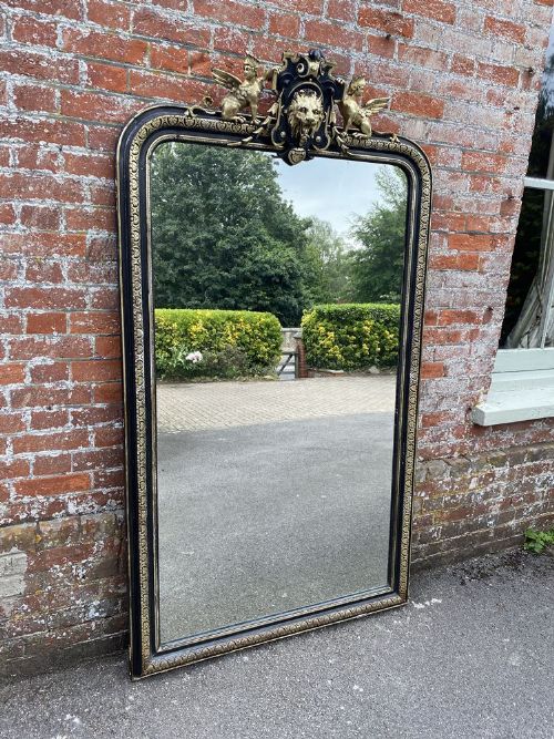 A Spectacular Large Antique French 19th Century Carved Wood & Gesso Original Gilt & Painted Arched Top Mirror.