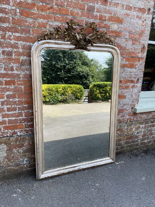 An Exceptional Large Antique French 19th Century Carved Wood & Gesso Original Silvered & Gilt Arched Top Mirror.