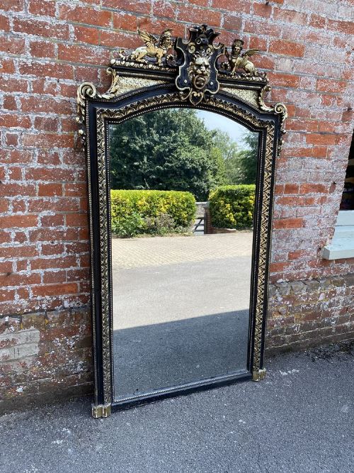 A Superb Large Antique French 19th Century Carved Wood & Gesso Original Gilt & Painted Shaped Top Mirror.