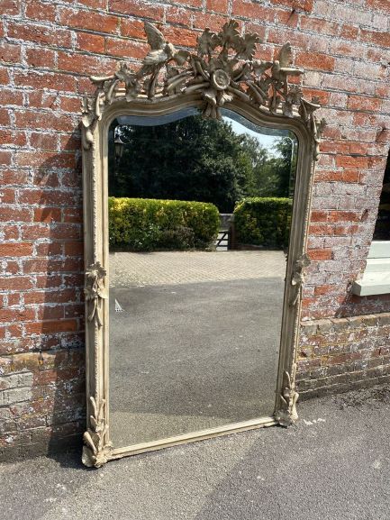 An Absolutely Delightful Large Antique French 19th Century Carved Wood & Gesso Shaped Top Painted Mirror.