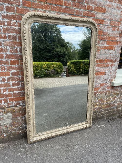An Impressive Large Antique French 19th Century Carved Wood Arched Top Painted Mirror.