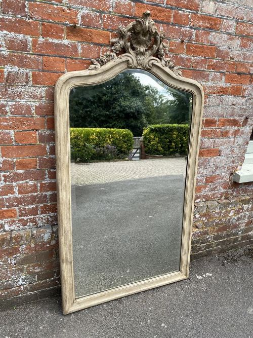 A Wonderful Large Antique French 19th Century Carved Wood Painted Shaped Top Mirror.