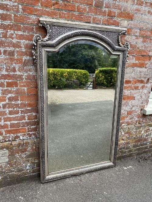 A Delightful Large Antique French 19th Century Carved Wood & Gesso Original Silvered Shaped Top Mirror.