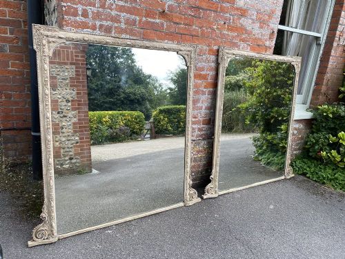 A Spectacular Pair of Antique English 19th Century Carved Wood & Gesso Painted Overmantle Mirrors.