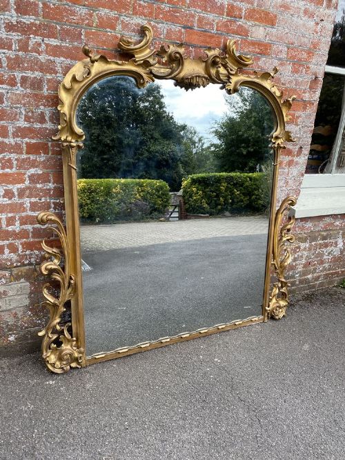 A Stunning Large Antique English 19th Century Original Gilt Carved Wood Ornate Framed Overmantle Mirror.
