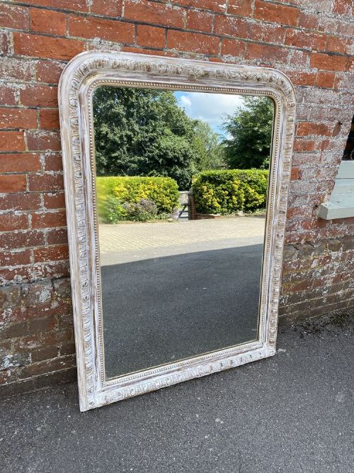 A Fabulous Large Antique French 19th Century Carved Wood & Gesso Arched Top Distressed Painted & Gilt Mirror.