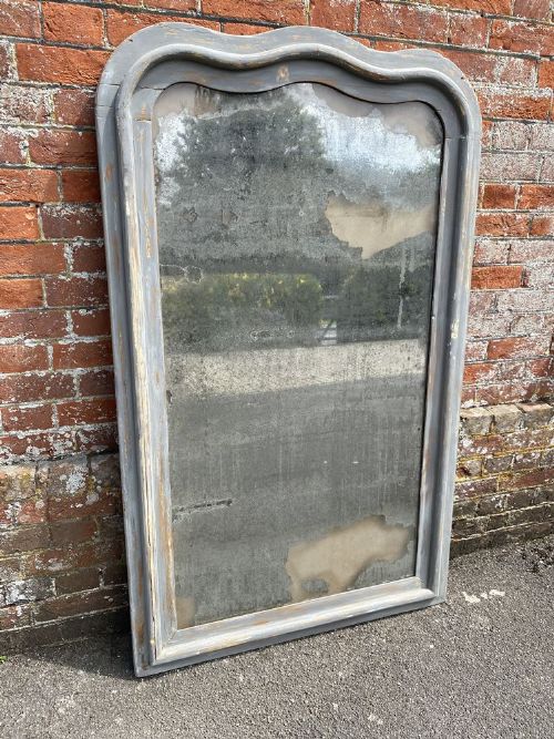 An Exceptional Large Antique French 19th Century Carved Wood Painted Shaped Top Mirror.