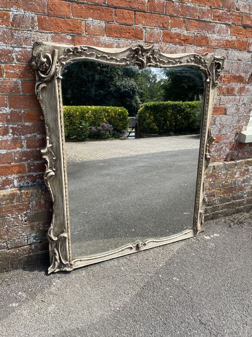 A Delightful Large Antique English 19th Century Carved Wood & Gesso Distressed Painted Mirror.