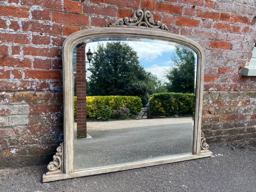 A Superb Highly Useful Size Antique English Carved Wood Painted Overmantle Mirror.