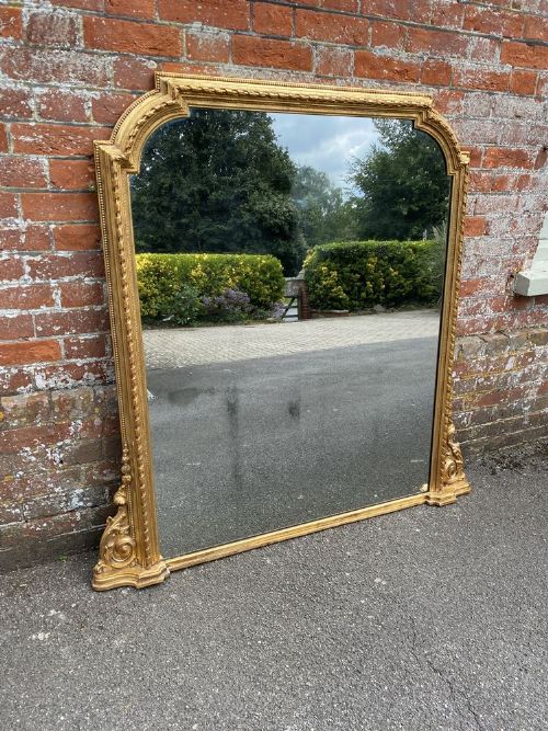 A Superb Large Antique English 19th Century Carved Wood & Gesso Shaped Top Gilt Overmantle Mirror.