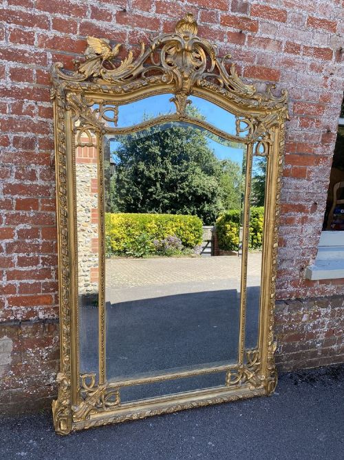 An Exceptional Large Antique French 19th Century Carved Wood & Gesso Original Gilt Shaped Top Cushion Mirror.