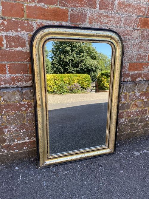 A Fabulous Highly Useful Size Antique French 19th Century Arched Top Original Gilt and Painted Mirror.